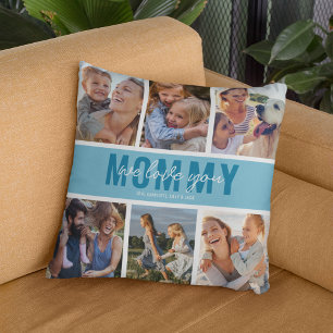 Coussin Love You Mommy Photo Collage Bleu