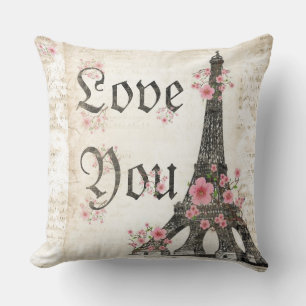 Coussin Love You Romantic Paris Fleurs de cerisiers roses