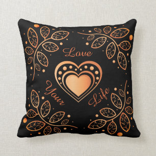 Coussin Love Your Life Black & Orange Inspiration Mandala