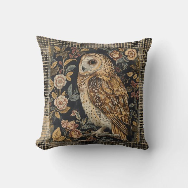 Coussin Lovely Owl in the Flowers Garden ,Gold Checkered (Recto)