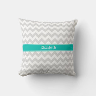 Coussin Lt Grey Blanc Chevron Turquoise Nom Monogramme
