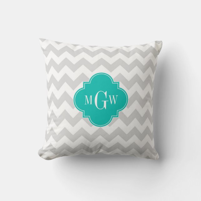 Coussin Lt Gris Blanc Chevron Sarcelle Quatrefeuille 3 Mon (Recto)