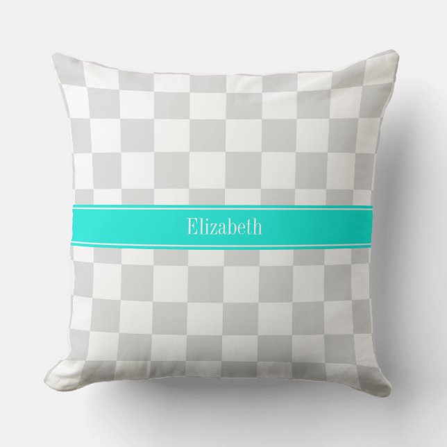 Coussin Lt Gris Ruban Monogramme Aqua à damier Blanc (Recto)