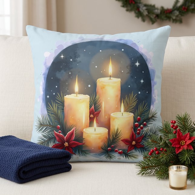 Coussin Lueur de bougie de Noël avec poinsettias (Christmas Candle Glow with Poinsettias Throw Pillow)
