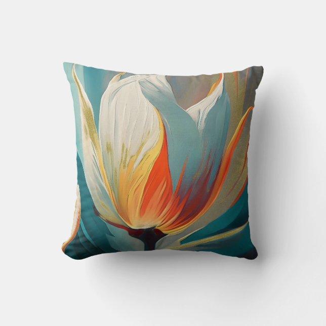 Coussin Lueur florale abstraite en turquoise et orange (Recto)