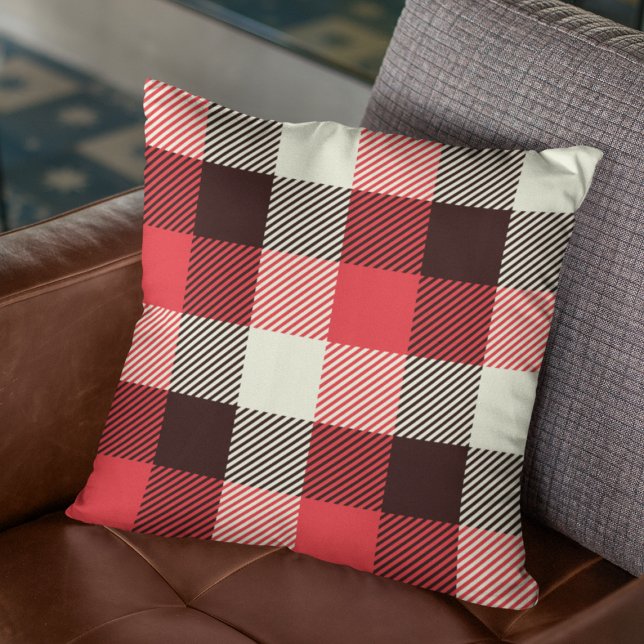 Coussin Lumberjack Rouge Noir & Blanc Bois Plaid (Créateur téléchargé)