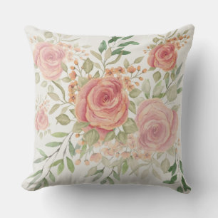 Coussin Lumière d'orange douce et roses carmin aquarelle