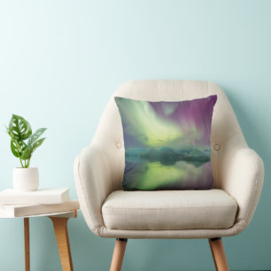 Coussin Lumières d'Aurora dans la lagune   Jokulsarlon, Is