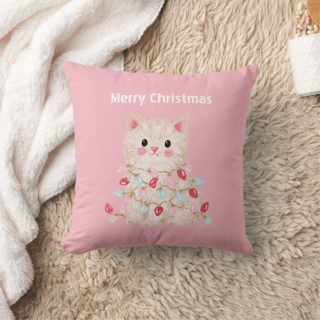 Coussin Lumières de Noël Chat Rose (Couverture)