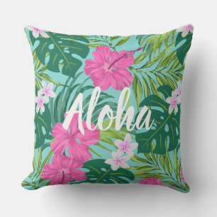 Coussin Luna Hibiscus Garden Hawaiian - Rose et Turq