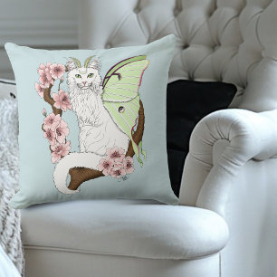 Coussin Luna Moth Moth Blanc Chat Vert