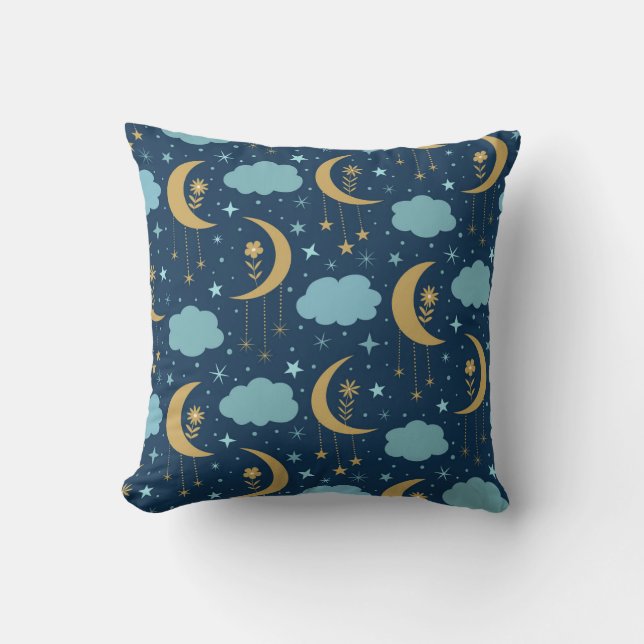 Coussin Lune Bohème Dorée Avec Nuages Célestes (Recto)