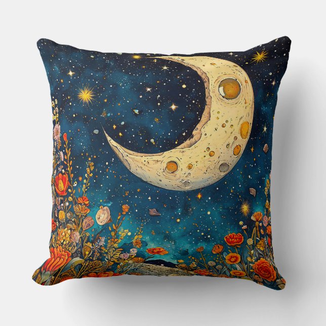 Coussin Lune céleste et fleurs vibrantes (Recto)