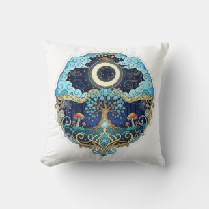 Coussin Lune et arbre de vie Art de fantaisie nocturne