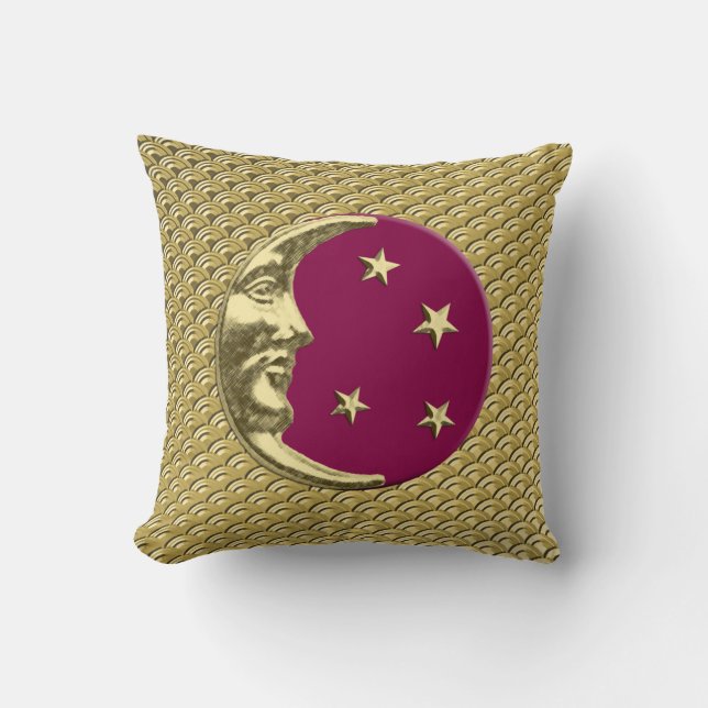 Coussin Lune et étoiles Art déco - Bourgogne et Or (Recto)