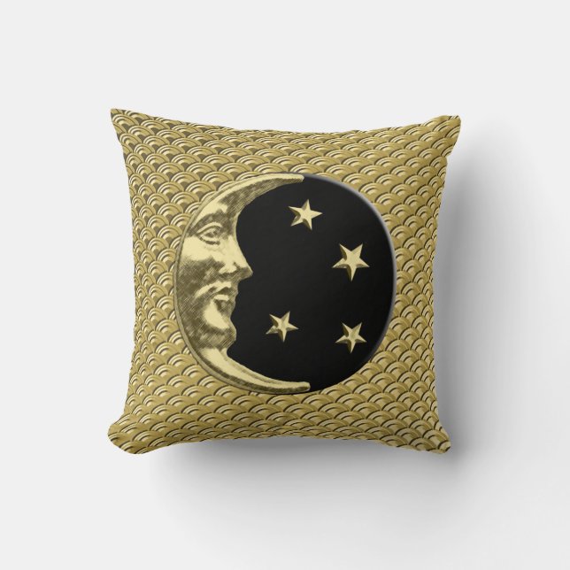 Coussin Lune et étoiles d'art déco - noir et or (Recto)
