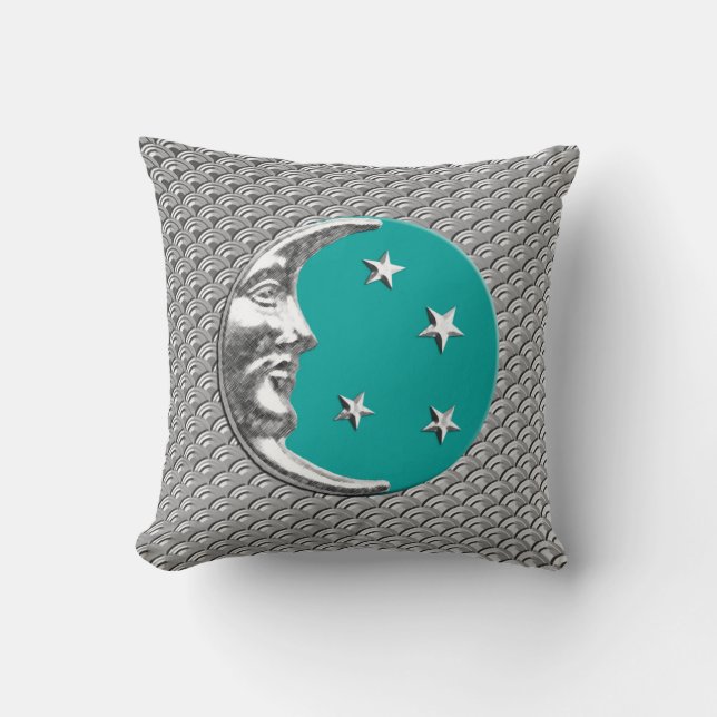 Coussin Lune et étoiles d'art déco - turquoise et argent (Recto)