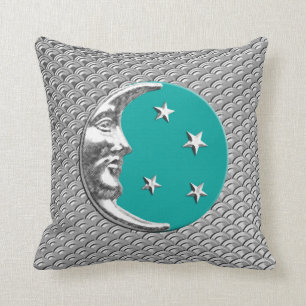 Coussin Lune et étoiles d'art déco - turquoise et argent