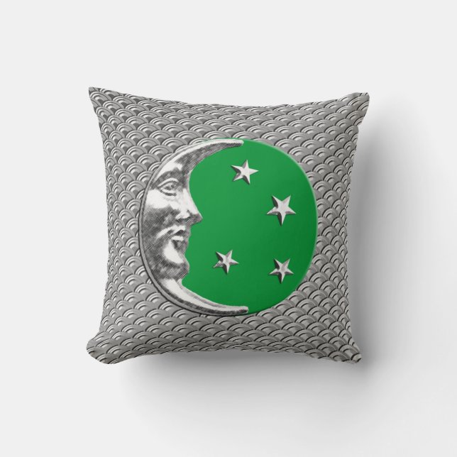 Coussin Lune et étoiles d'art déco - vert et argent de (Recto)