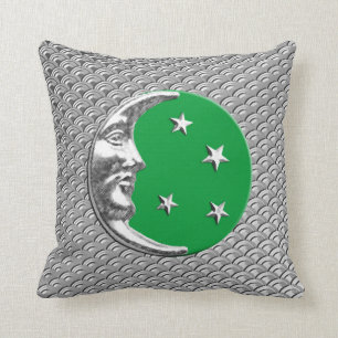Coussin Lune et étoiles d'art déco - vert et argent de