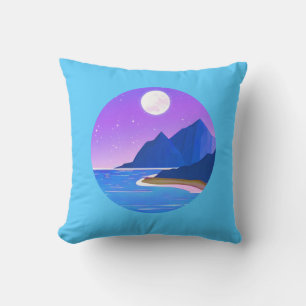 Coussin Lune, Etoiles Mer et Montagnes en Violet et Bleu