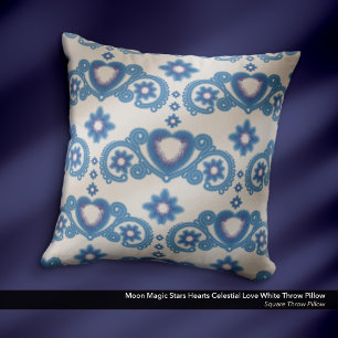 Coussin Lune Magie Étoiles Coeurs Aimer céleste Blanc