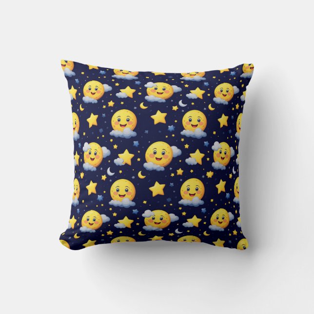 Coussin Lune souriante et étoiles avec des nuages dans le  (Recto)