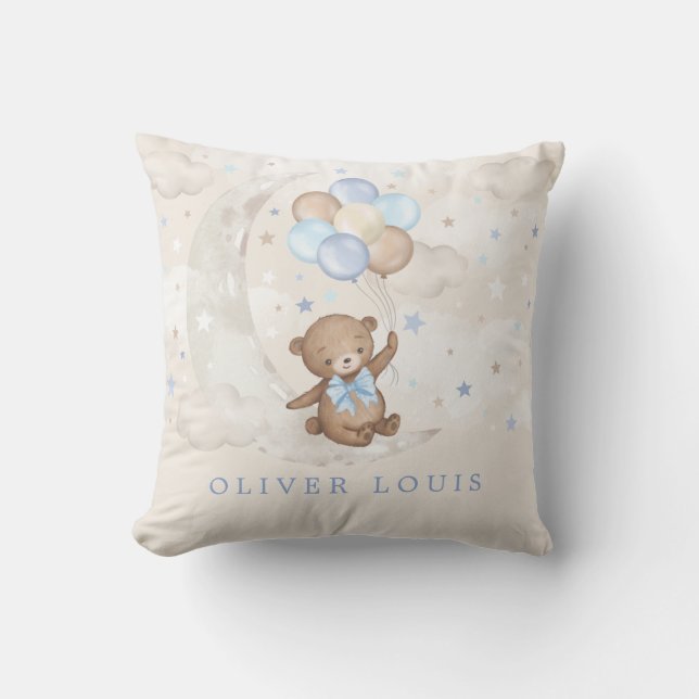 Coussin Lune Teddy Ours Bleu Ballons Bébé Garçon Nursery (Recto)