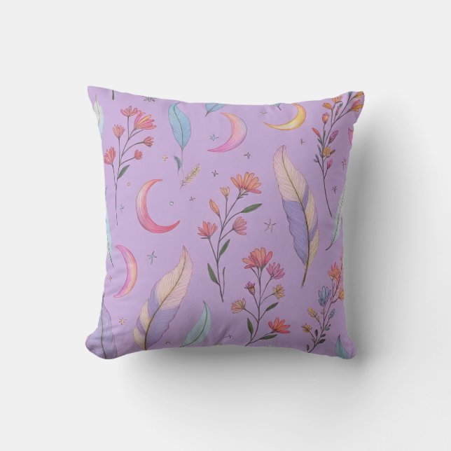Coussin Lunes, fleurs et plumes Pastel Purple (Recto)