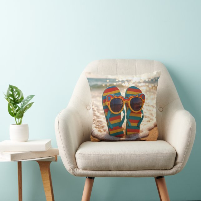 Coussin Lunettes de soleil funky sur des tongs dans le res (Chaise)