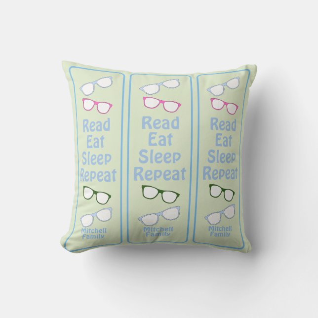 Coussin Lunettes Humoristiques Lire Manger Dormir Répéter  (Recto)