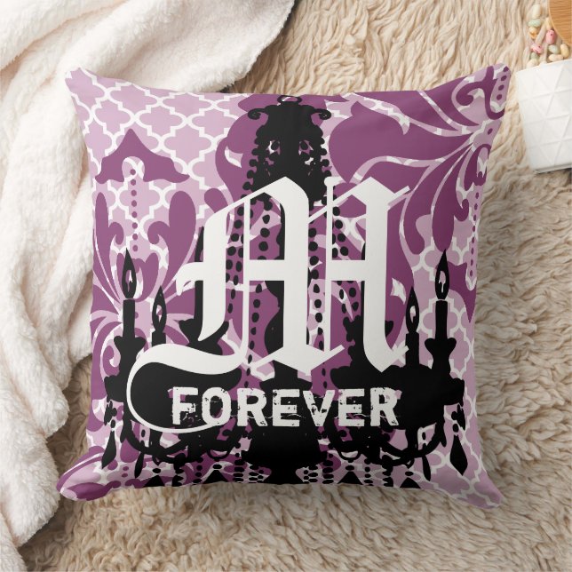 Coussin Lustre Violet Prune Monogramme avec Date de Mariag (Couverture)
