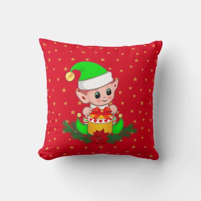 Coussin Lutin de Noël vert, pin et étoiles sur fond rouge (Recto)