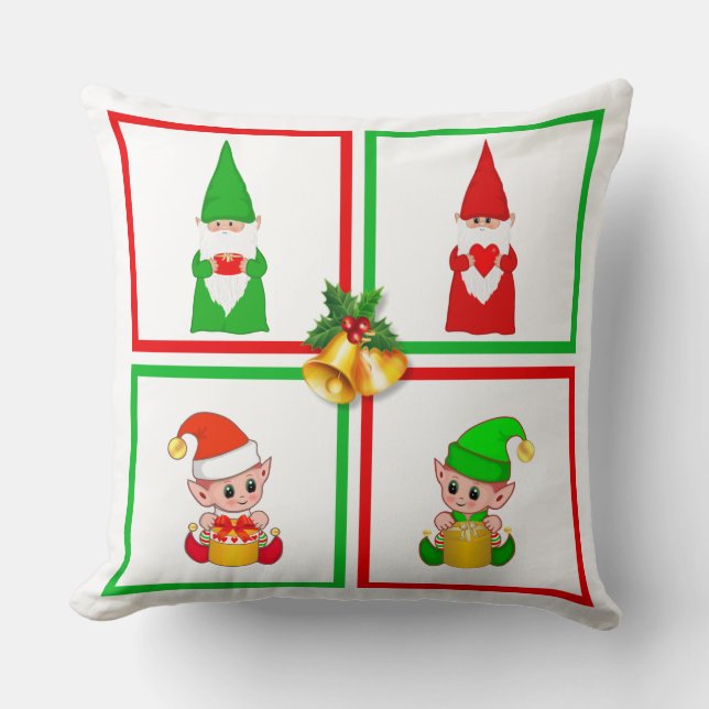 Coussin Lutins et elfes de Noël sur fond blanc, vert et ro (Recto)