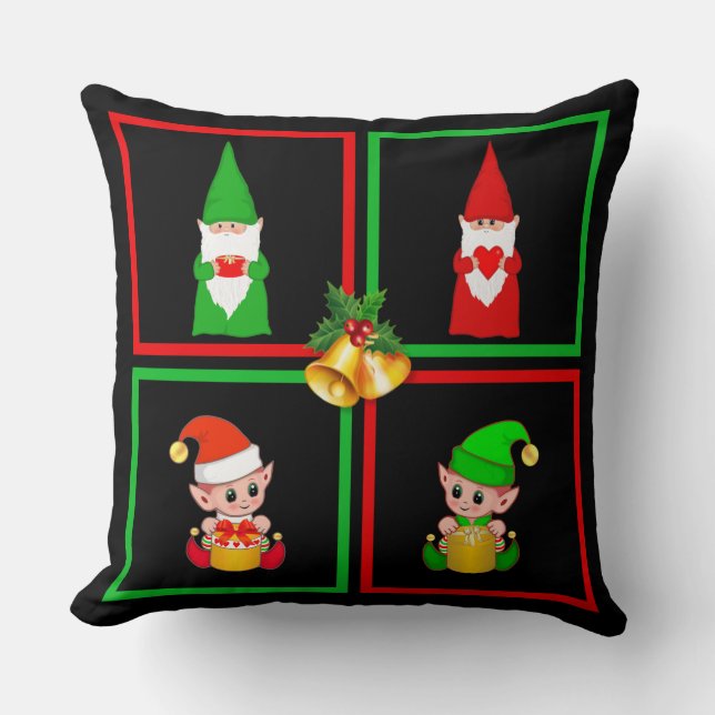 Coussin Lutins et elfes de Noël sur fond noir, vert et rou (Recto)
