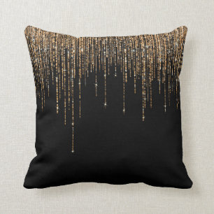 Coussin Luxe Chic Black Gold Fringe Parties scintillant ét