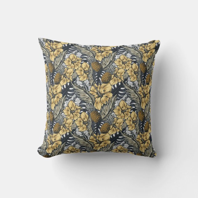 Coussin Luxe Elegant Or N' Black Tropical Flowers (Recto)
