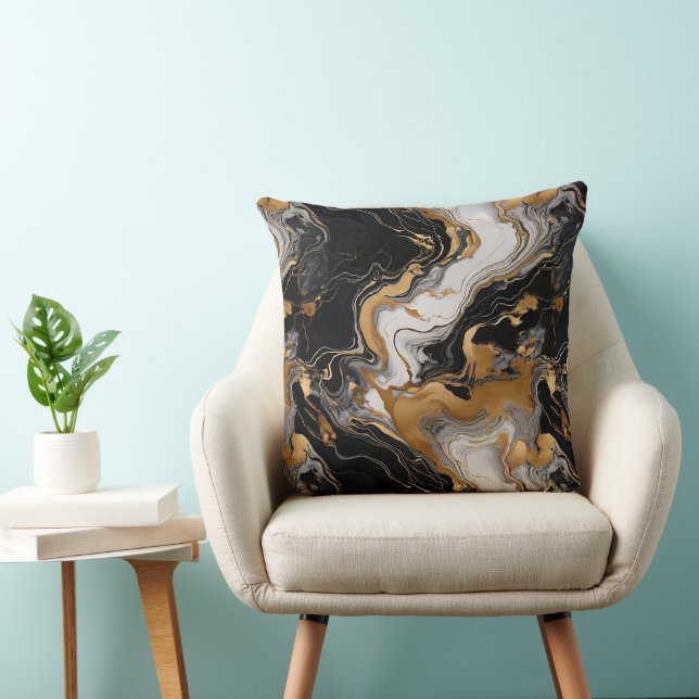 Coussin Luxe Sérénité Noir, Or et Marbre Inspiré Blanc (Chaise)