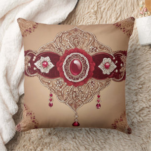 Coussin Luxueux Bourgogne Rubis Bijou et Filigrane Doré 