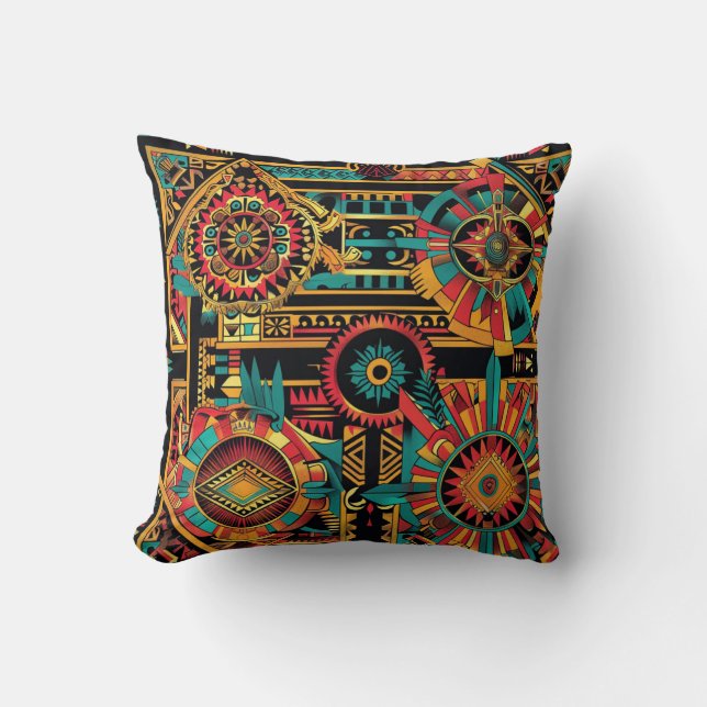 Coussin Luxueux Cyan "Aztec Dream" Motif Throw Cushion (Recto)