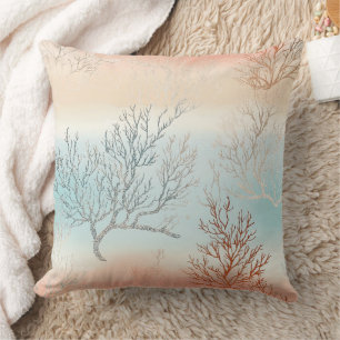 Coussin Luxueux papier aquarelle corail côtier & vagues oc