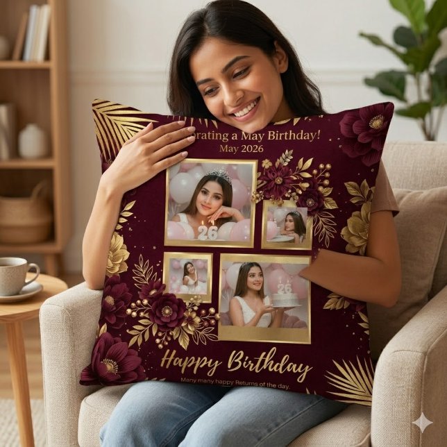 Coussin Luxury Burgundy and Gold May Birthday Photo Collag (Créateur téléchargé)