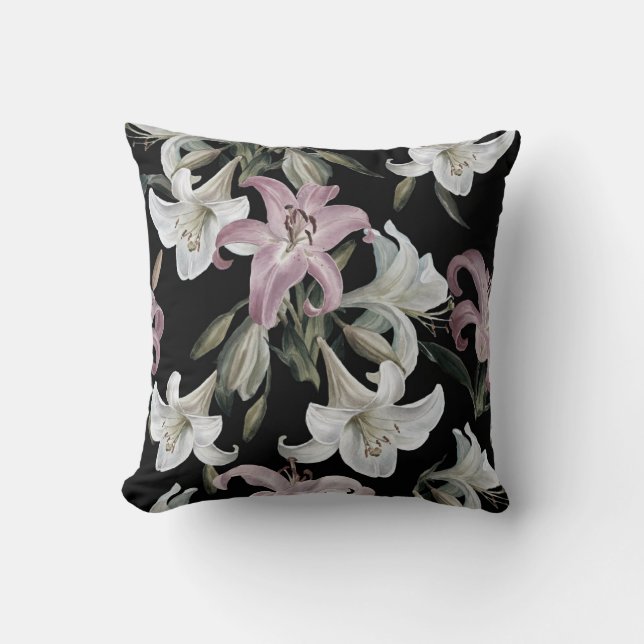 Coussin Lys, blanc rose, motifs floraux. (Recto)