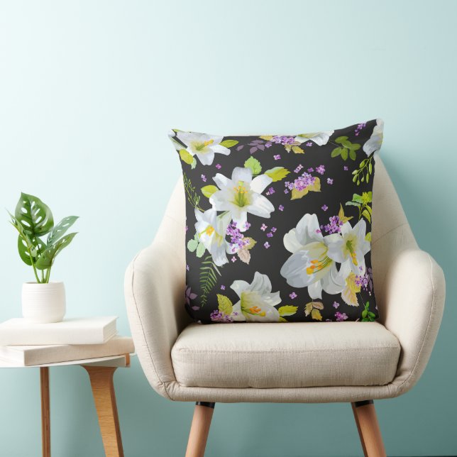 Coussin Lys blancs sur motif floral noir (Chaise)