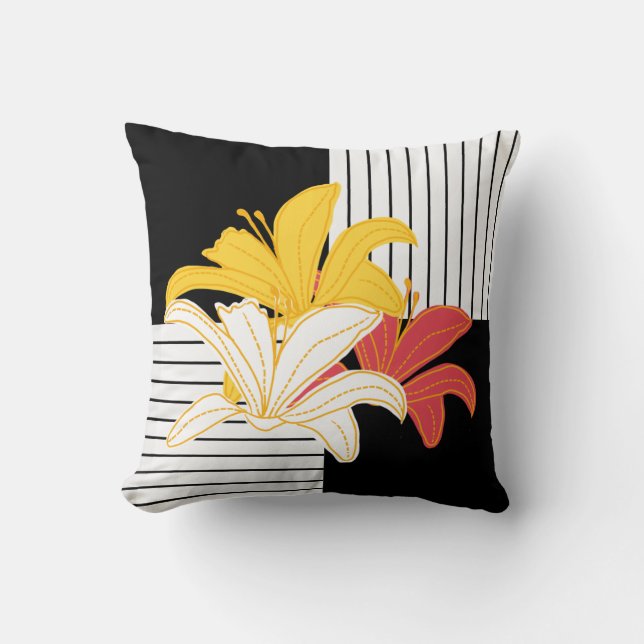 Coussin Lys orange jaune sur bandes blanches noires Jeter (Recto)