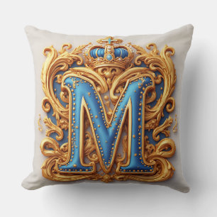 Coussin M en lettre dorée ornée avec cadre et couronne