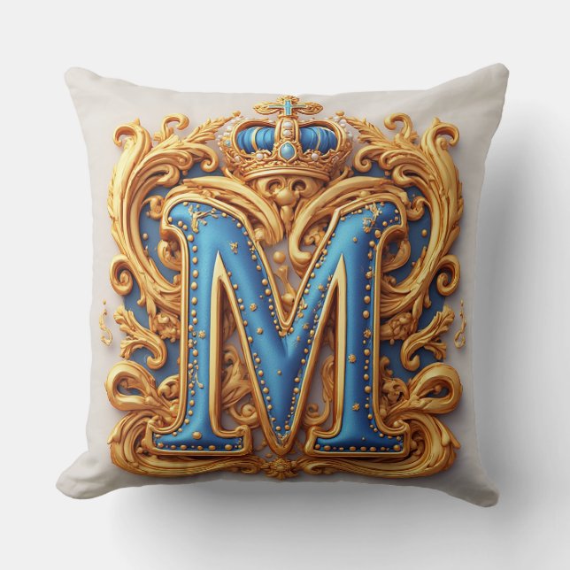 Coussin M en lettre dorée ornée avec cadre et couronne (Recto)