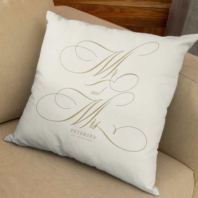 Coussin M. et Mme écriture or crème mariage personnalisée (Créateur téléchargé)