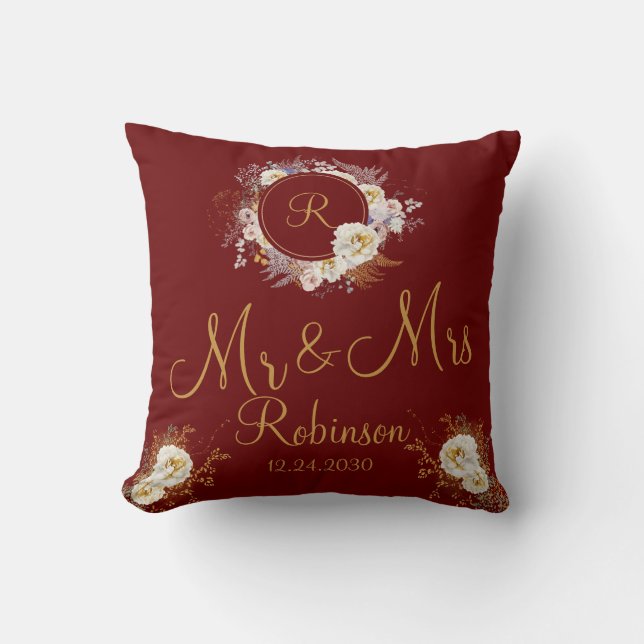 Coussin M et Mme Logo Monogramme Floral Bourgogne Or  (Recto)