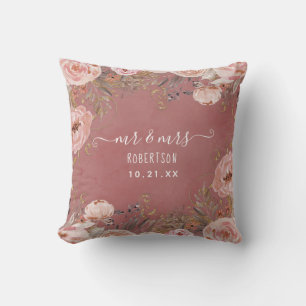 Coussin M. et Mme Nom Mariage Rose Pâle Floral Aquarelle